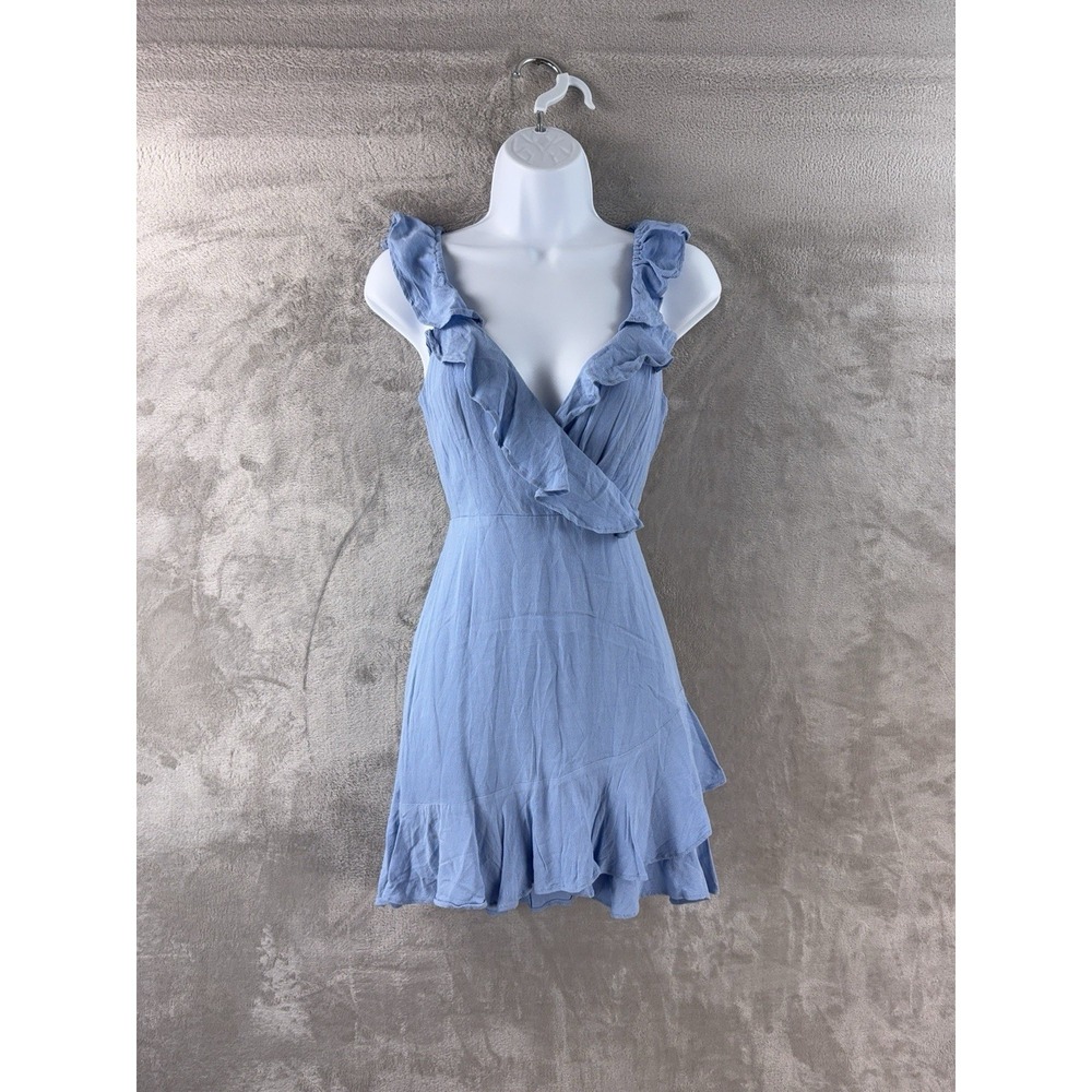 MAJORELLE Mini Dress Womens Size‎ XS Blue Ruffle Wrap Sleeveless Glam Party